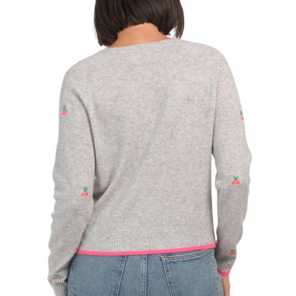 New BRODIE CASHMERE 100% Cashmere Embroidered Cherry Sweater in Pink 1095T0 - Picture 5 of 7